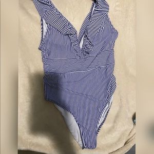 Blue striped one piece swimsuit